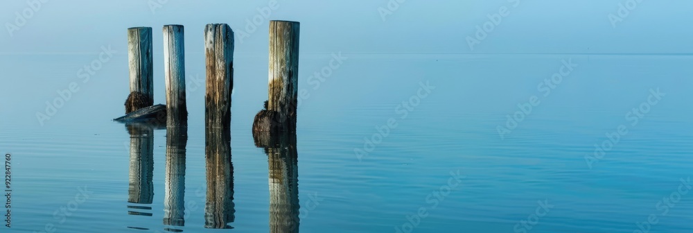 Aged Posts Emerging from Tranquil Water Aged Posts Emerging from Tranquil Water