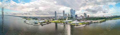 Aerial panoramic view of Milwaukee from Lake Michigan, Wisconsin