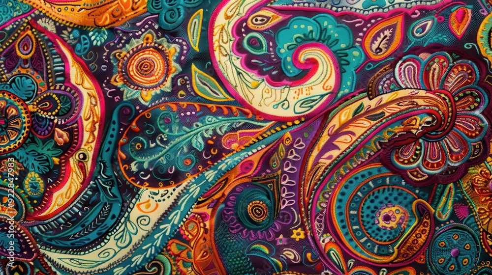 A vibrant paisley design showcases swirling shapes and floral details in rich colors A vibrant paisley design showcases swirling shapes and floral details in rich colors
