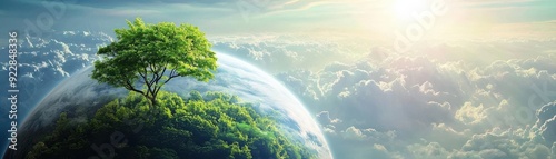 A serene landscape showcasing a lone tree on a planet surrounded by clouds and sunlight, symbolizing nature and tranquility.