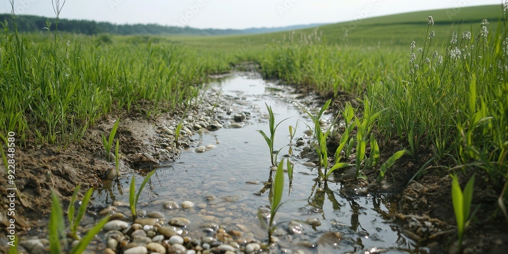 A serene stream flows through lush green grass, reflecting a peaceful natural landscape under a clear sky. A serene stream flows through lush green grass, reflecting a peaceful natural landscape under a clear sky.