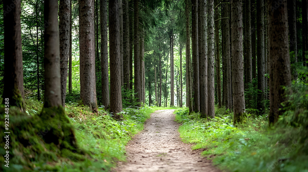 Naklejka premium The Path Through the Woods: A winding dirt path meanders through a dense forest, sunlight filtering through the towering pines and illuminating the lush green undergrowth, inviting the viewer to explo