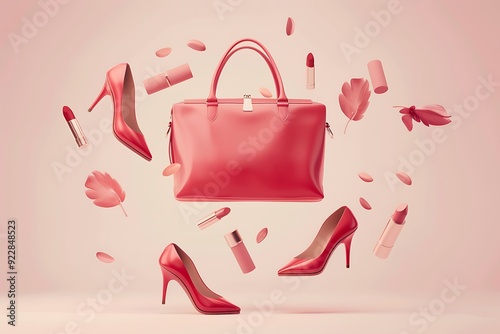 Red woman bag with cosmetics flying in the air.