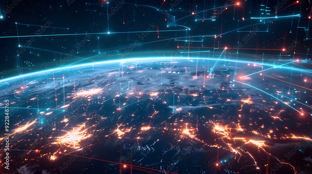 Global Network, Illuminated Planet: A breathtaking aerial view of Earth at night, adorned with intricate networks of glowing data streams, symbolizing global communication and interconnectedness. Global Network, Illuminated Planet: A breathtaking aerial view of Earth at night, adorned with intricate networks of glowing data streams, symbolizing global communication and interconnectedness.