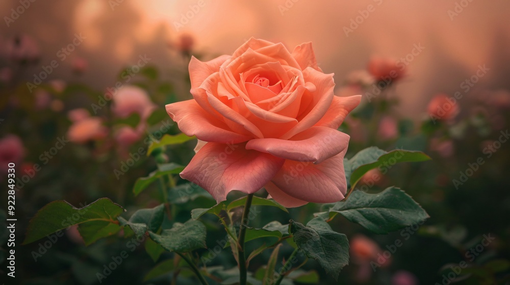 A beautiful peach rose in a serene garden setting during a misty morning. A beautiful peach rose in a serene garden setting during a misty morning.