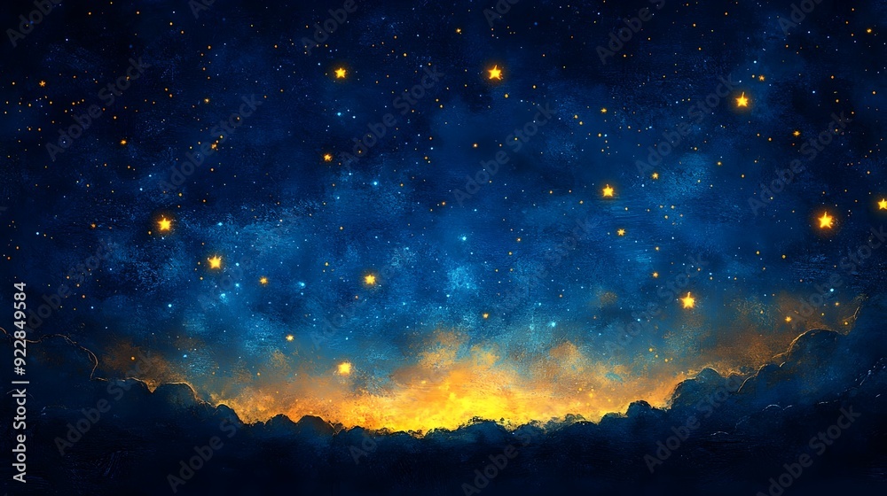 Twinkling Stars Across a Dramatic Indigo Night Sky with Bright Yellow Accents