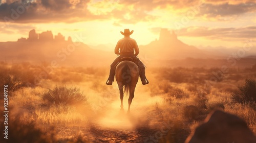 A cowboy rides away on horseback into the glowing sunset, surrounded by a vast desert landscape and distant rock formations.