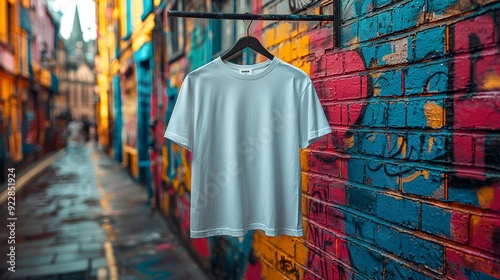 A white T-shirt hangs on a hanger against a backdrop of graffiti and a cityscape.