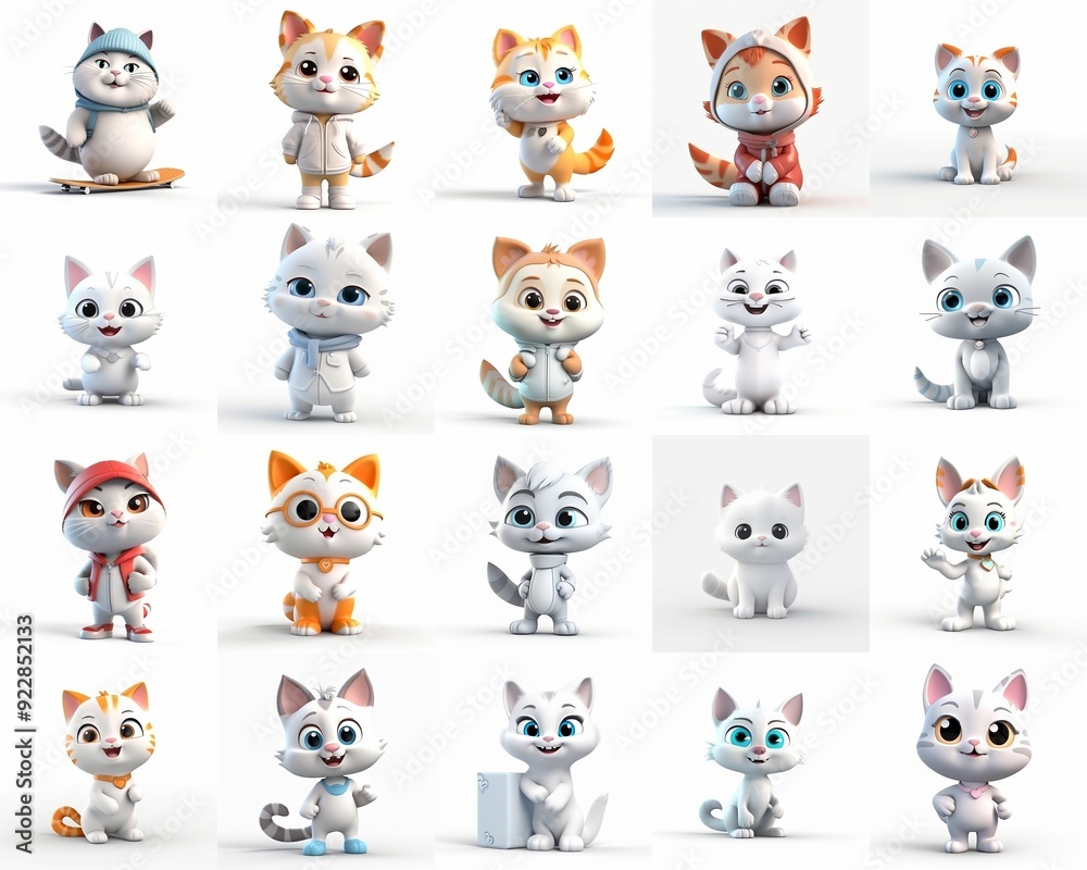 Adorable Cat Illustrations in Various Outfits and Poses for Children's Projects and Decor Adorable Cat Illustrations in Various Outfits and Poses for Children's Projects and Decor