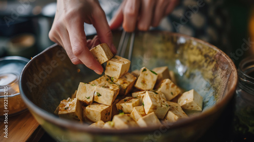 Marinating Tofu. Close-up detail of hands mixing tofu cubes with a marinade in a bowl.