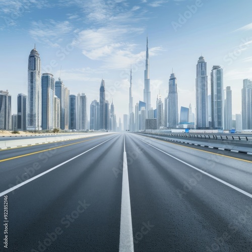 Perspective straight empty highway road with modern cityscape. Morning scene view