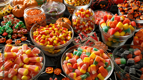 Halloween Candy Feast. A vibrant, high-angle shot of a table overflowing with various Halloween candies.