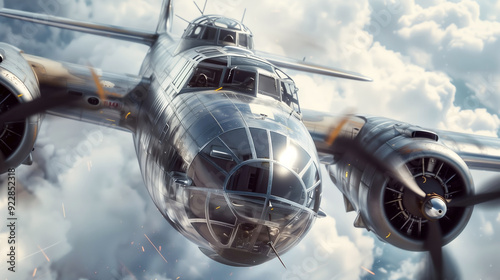 world war II bombers airplane are flying in the sky carrying out attack missions. Explosion of battle in the air.