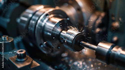 Precision Lathe Operation. A close-up image of a metal lathe in operation, focusing on the sharp cutting tool shaping a rotating metal piece.