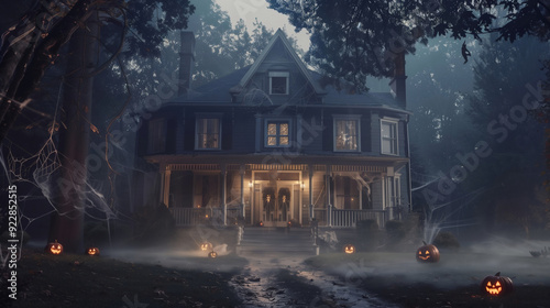 An exterior shot of a haunted house at night. The house is adorned with cobwebs, fake spiders, and eerie lighting that casts shadows on the walls.