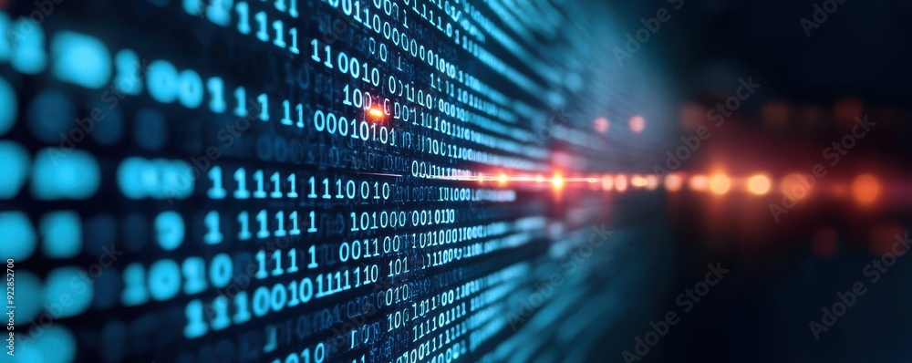 Abstract digital background featuring binary code with vibrant lights to represent technology and data processing. Abstract digital background featuring binary code with vibrant lights to represent technology and data processing.