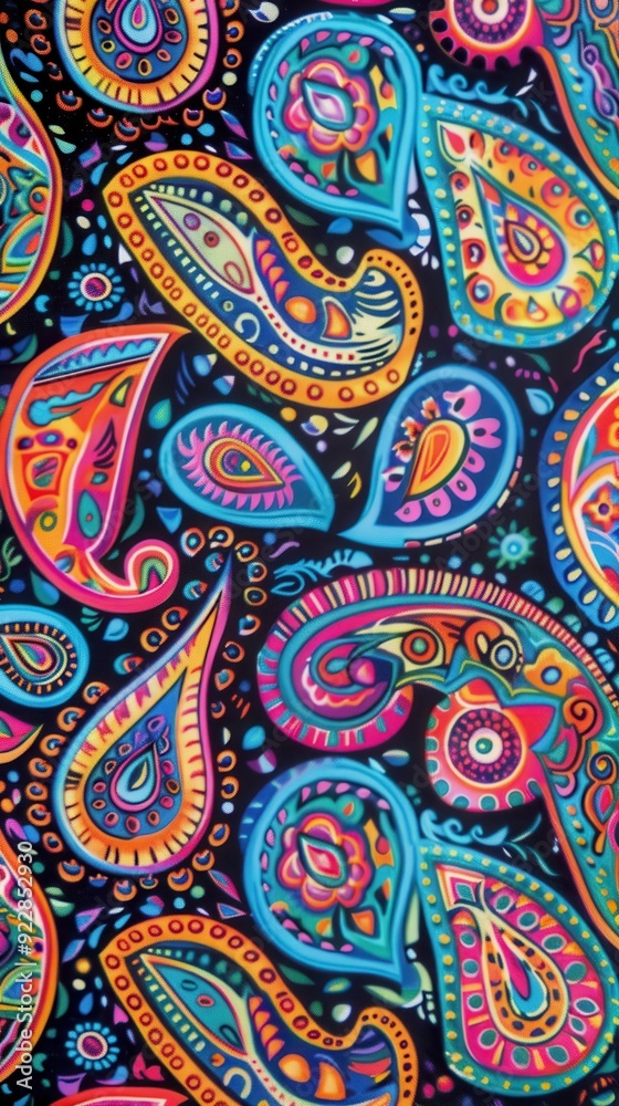 Colorful paisley patterns in various shades create a dynamic design on fabric presented for sale at a marketplace Colorful paisley patterns in various shades create a dynamic design on fabric presented for sale at a marketplace