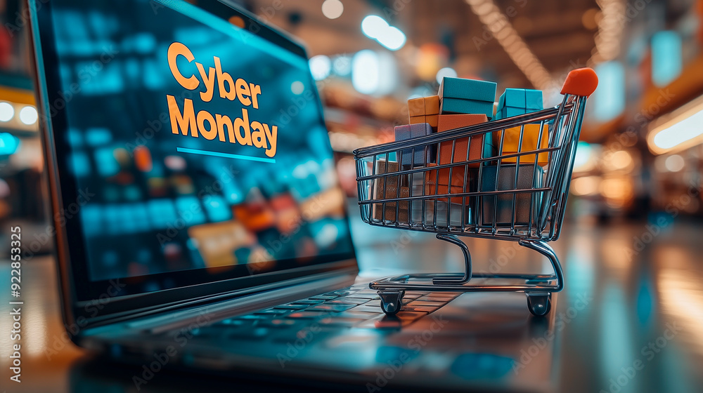 laptop with cyber monday, shopping cart with purchases and gifts during the season of sales and discounts laptop with cyber monday, shopping cart with purchases and gifts during the season of sales and discounts