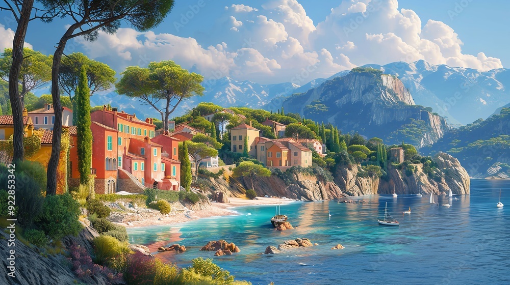 Fototapeta premium Mediterranean style village on the sea in summer, marine tourism in Europe, beautiful sky with sun clouds