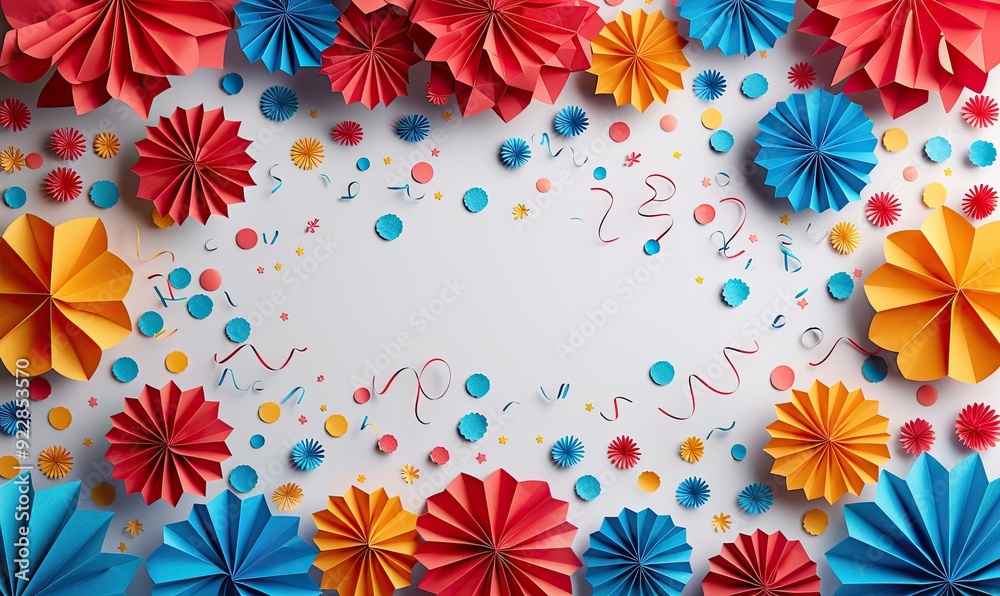4th of july firework rockets with paper fans,party streamers on white background happy independence day banner design. 4th of july firework rockets with paper fans,party streamers on white background happy independence day banner design.