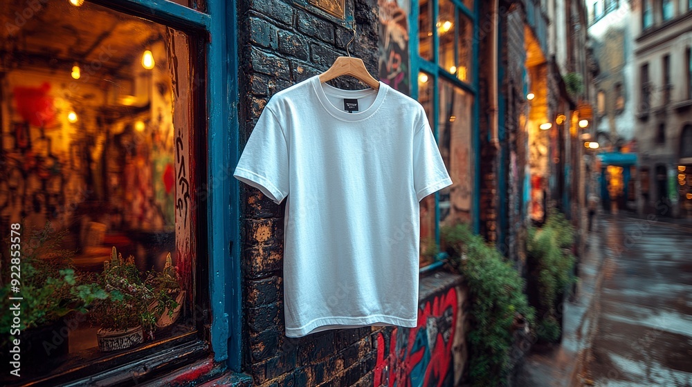 Fototapeta premium A white T-shirt hangs on a hanger against a backdrop of graffiti and a cityscape.