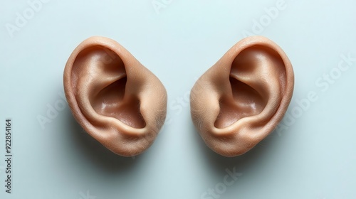 A pair of human ears photographed against a light background photo