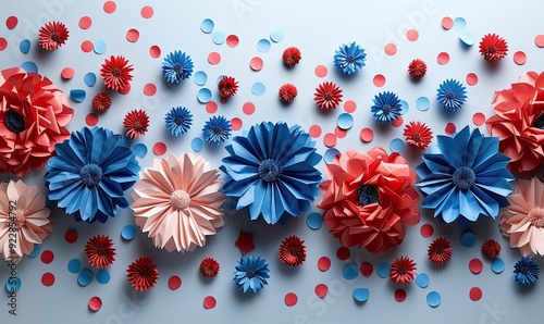 usa national holiday banner design red white,blue paper fans with confetti on white table flat lay top view happy american independence day labor day columbus day concept.