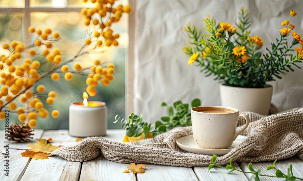 cozy home desk table with plaid coffee cup candle on white background top view flat lay copy space autumn composition nordic hygge style concept. cozy home desk table with plaid coffee cup candle on white background top view flat lay copy space autumn composition nordic hygge style concept.
