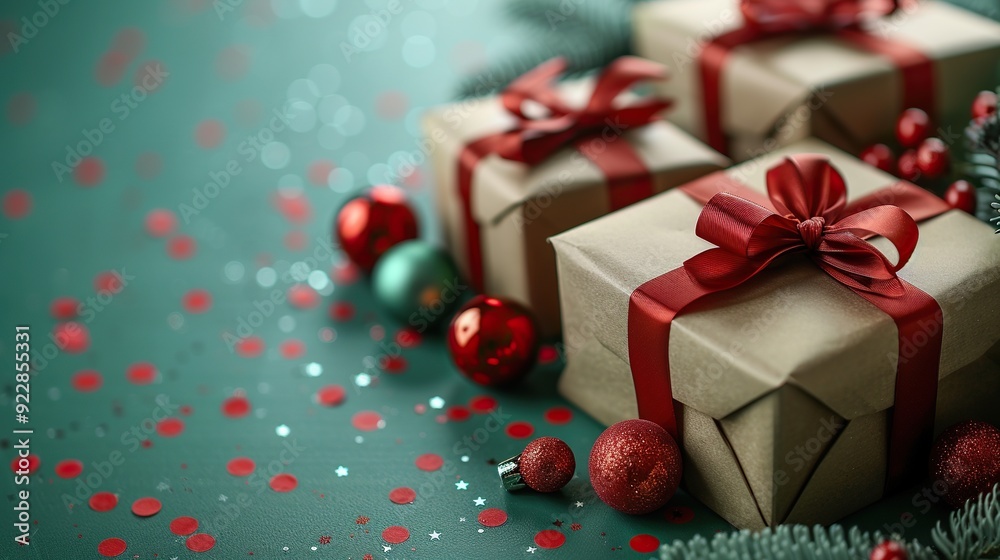 christmas banner template gift boxes with red ribbon bow red,green baubles stars confetti on light green background. christmas banner template gift boxes with red ribbon bow red,green baubles stars confetti on light green background.