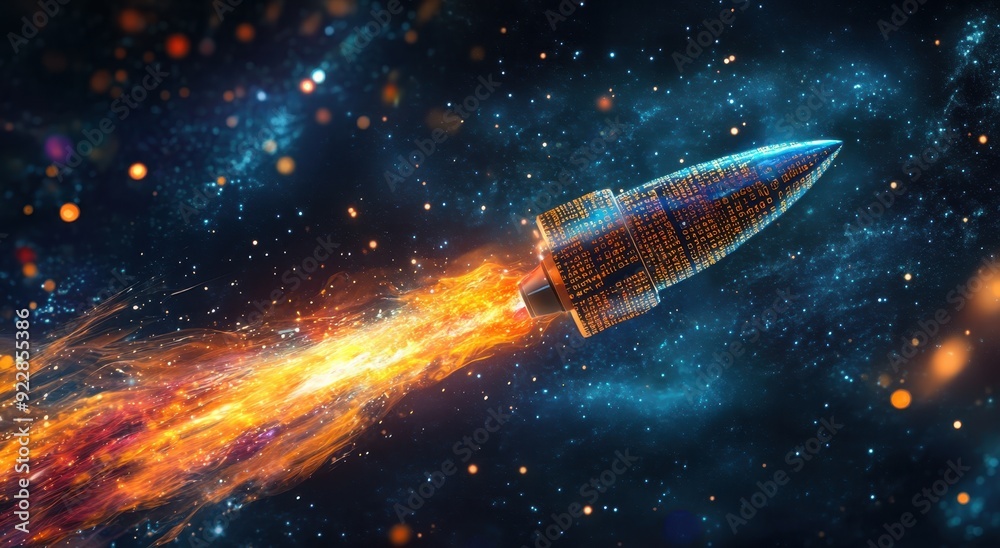 A rocket made of binary code flies into space, leaving behind colorful trails and sparkling stars. The background is dark blue with white light spots on it. A rocket made of binary code flies into space, leaving behind colorful trails and sparkling stars. The background is dark blue with white light spots on it.