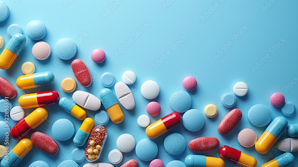medical bottles,medication pills spilling out on to pastel blue background top view with copy space healthcare pharmacy medicine concept. medical bottles,medication pills spilling out on to pastel blue background top view with copy space healthcare pharmacy medicine concept.