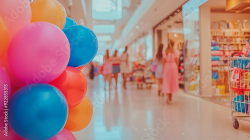 colorful balloon decorations in the shopping mall during the black friday season with offers and discounts