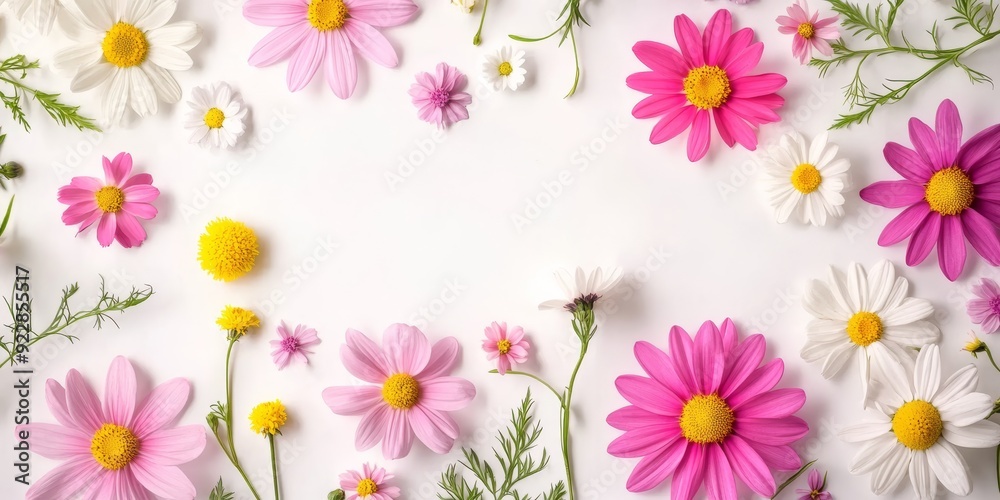 Fototapeta premium A beautiful arrangement of pink and white flowers frames an empty space, perfect for adding personalized cards or springthemed graphics that inspire creativity and artistic expression