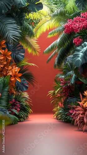A vibrant jungle scene with lush foliage and a red backdrop