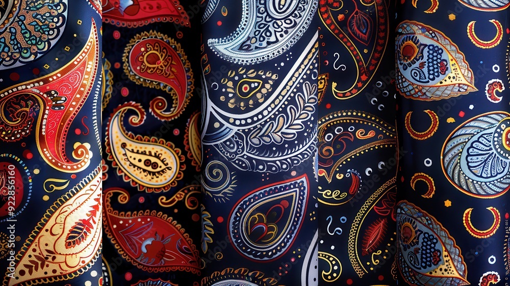 Vibrant paisley designs on various fabric rolls attract attention in a textile shop Vibrant paisley designs on various fabric rolls attract attention in a textile shop