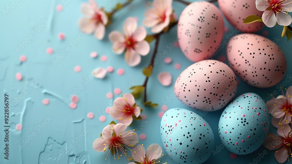 elegant easter eggs decorated flowers print on pastel blue background flat lay top view with copy space. elegant easter eggs decorated flowers print on pastel blue background flat lay top view with copy space.