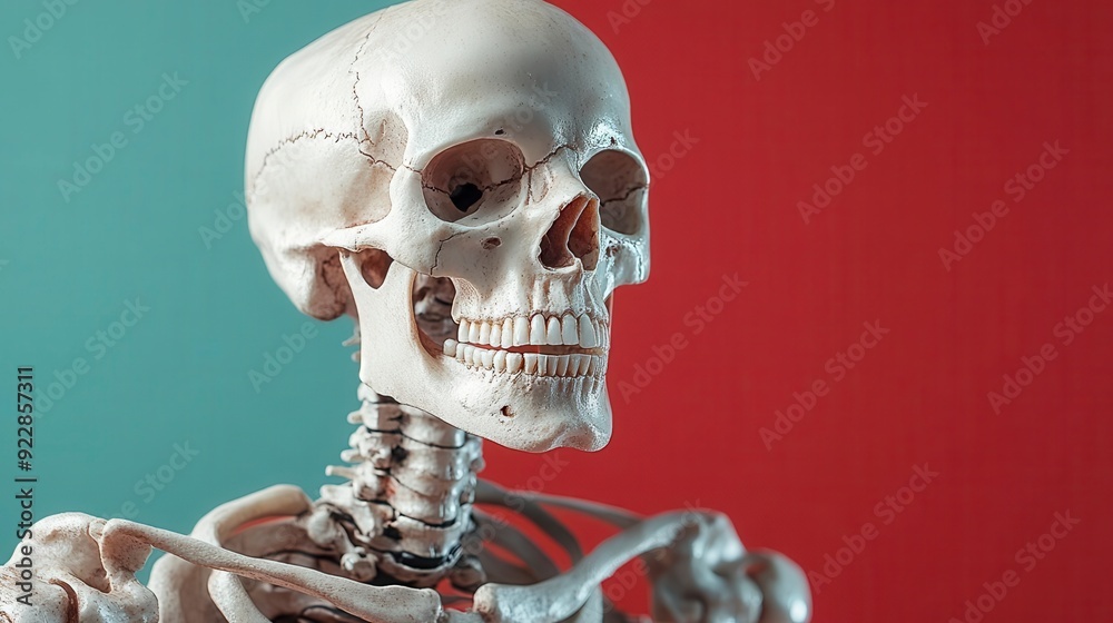 Close-up of a human skull and skeletal structure against a colorful background Close-up of a human skull and skeletal structure against a colorful background