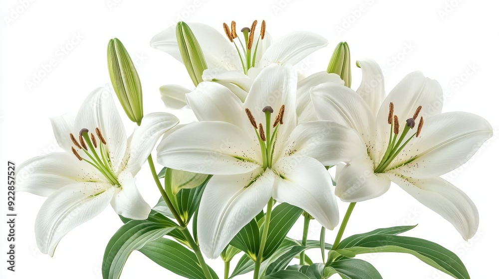 Close-up of pristine white lilies with green stems against a white background Close-up of pristine white lilies with green stems against a white background