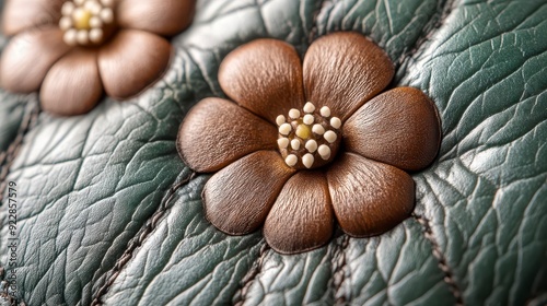 Close-up of two embossed leather flowers on a green background