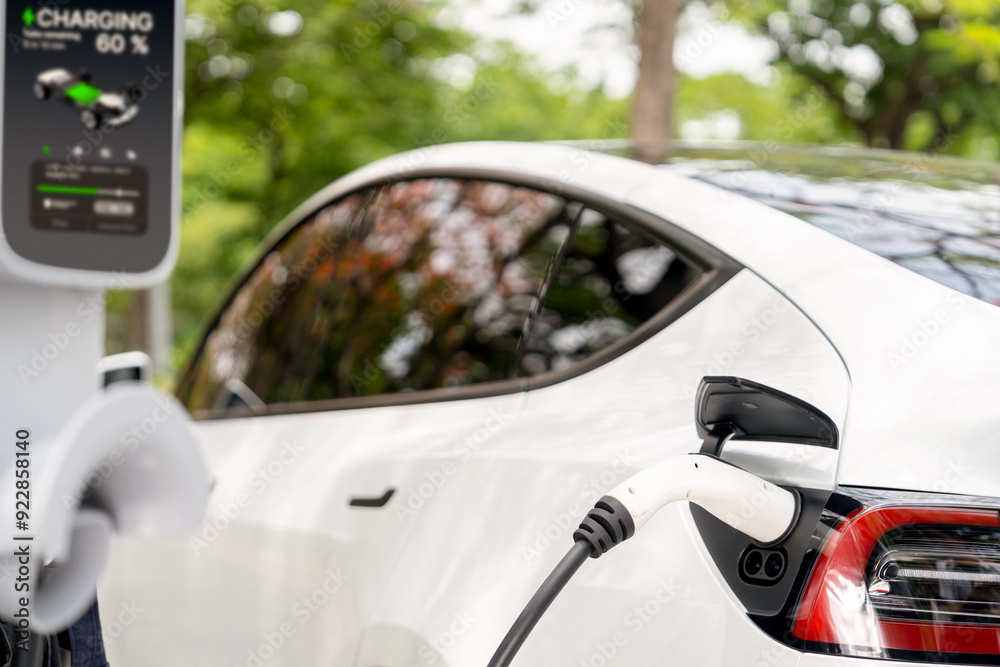 Man recharging battery for electric car during autumnal road trip travel EV car in autumnal forest. Eco friendly travel on vacation during autumn with electric vehicle. Exalt Man recharging battery for electric car during autumnal road trip travel EV car in autumnal forest. Eco friendly travel on vacation during autumn with electric vehicle. Exalt