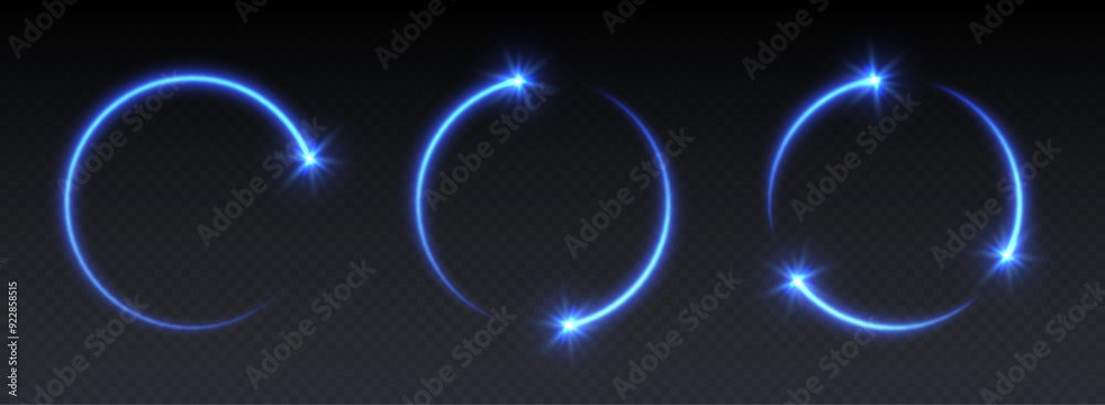Glowing blue shooting star circles with sparkles, light frames, stars in circular motion, abstract shiny rings with particles. Vector illustration.