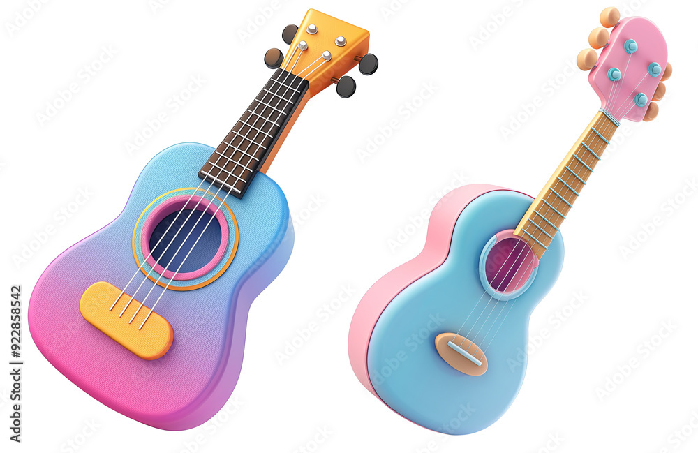 set of cute colorful acoustic guitar. 3D cartoon animation style. set of cute colorful acoustic guitar. 3D cartoon animation style.