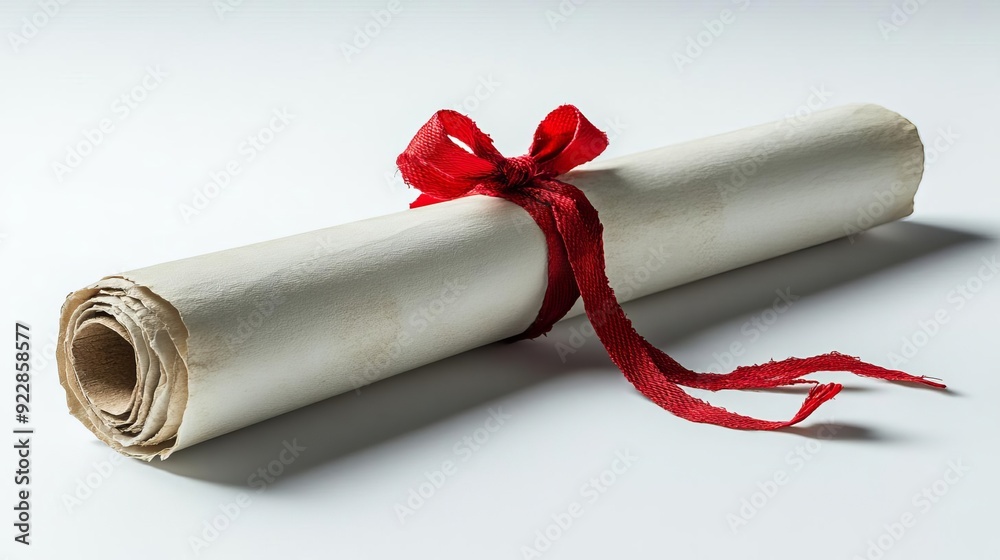 Rolled certificate tied with a red ribbon on a white background Rolled certificate tied with a red ribbon on a white background