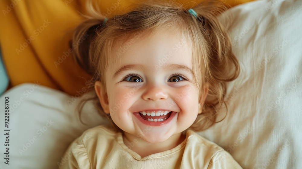 Little Girl With A Big Smile Sitting On A Bed In A Sunny Room, Radiating Joy And Warmth Little Girl With A Big Smile Sitting On A Bed In A Sunny Room, Radiating Joy And Warmth