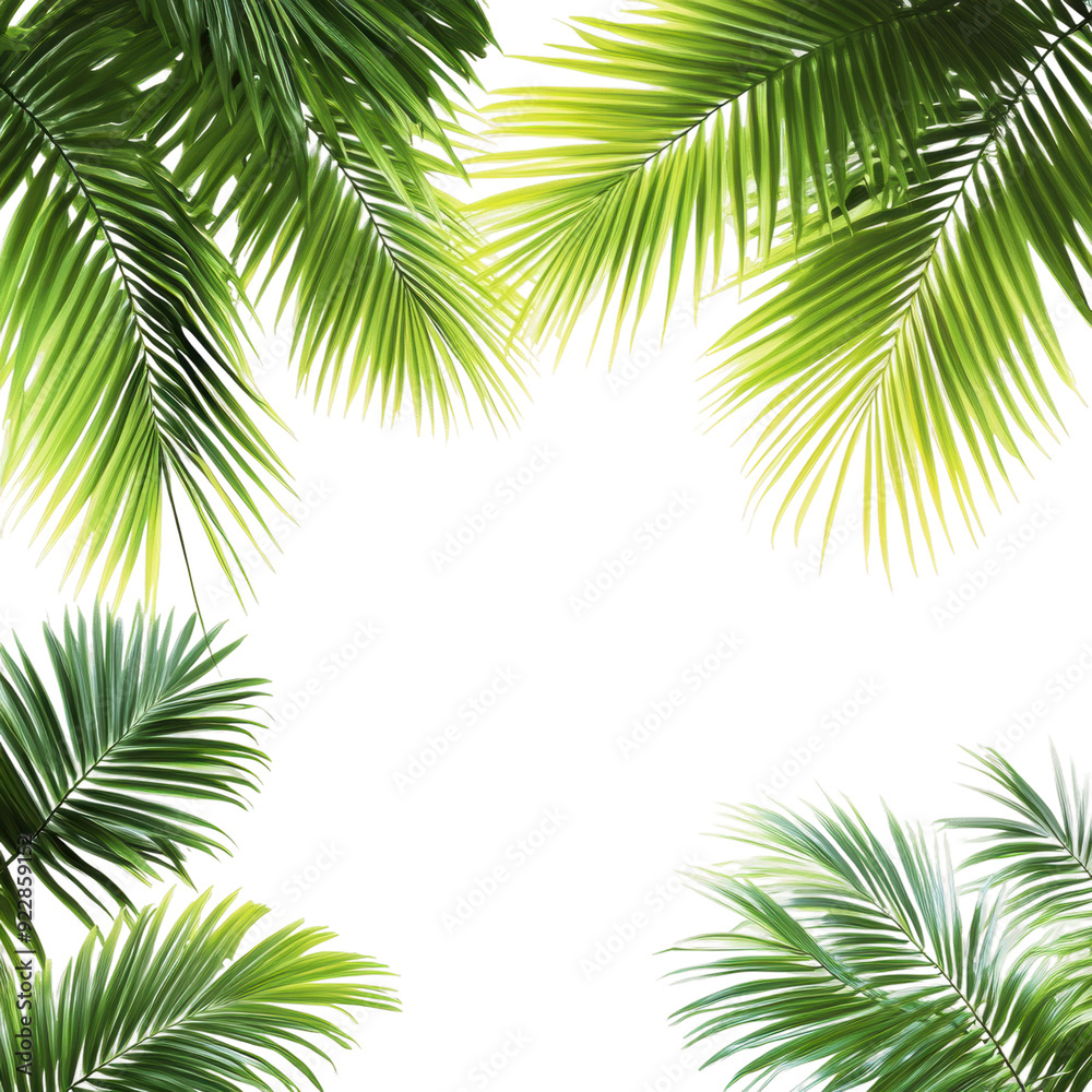 Palm leaves framing a bright white background, cut out - stock png. Palm leaves framing a bright white background, cut out - stock png.