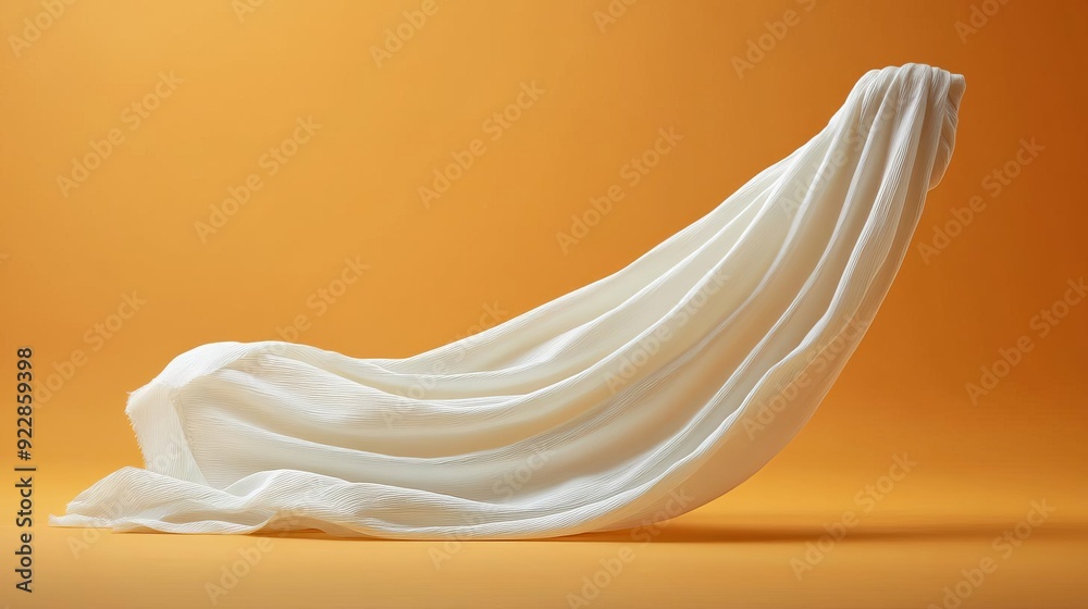 White fabric draped in a graceful curve against a warm orange background White fabric draped in a graceful curve against a warm orange background