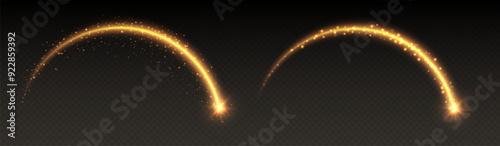 Shooting star light effect, magic arch with sparkles, glowing meteor with trail, shiny star in motion. Christmas vector illustration.