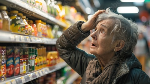 Elderly woman searching for food in supermarket aisle with empty shelves during global pandemic crisis photo