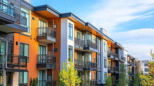 Stylish Modern Apartments with Balconies and Lush Greenery Under a Beautiful Blue Sky