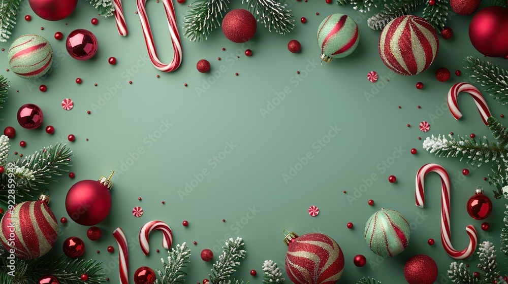 Fototapeta premium red,green christmas decorations baubles candy canes confetti on light green background christmas holiday greeting card template.